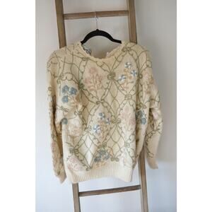 Vintage Needleworks CottageCore Whimsy Knit Floral Embroidered Sweater Women's M